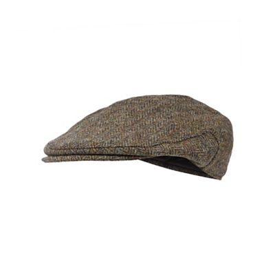 Brown herringbone Harris Tweed wool flat cap